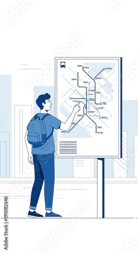 Young Man Studying Public Transport Map In City Planning Destination Route