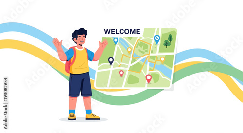 Young Adventurer With Backpack And Map Welcoming Guests To Explore Destinations