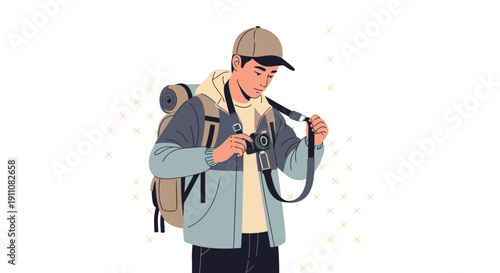 Young Adventurer Preparing For A Journey With Camera And Backpack