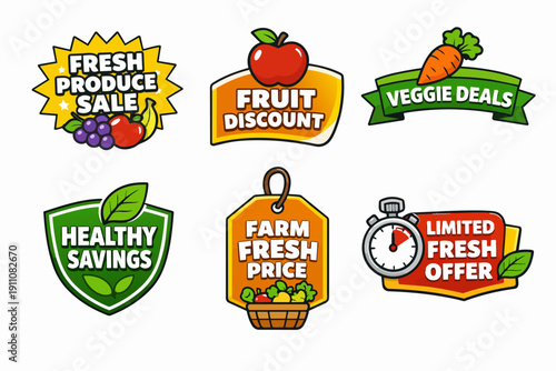 Fresh produce sale and healthy savings labels for grocery store discounts