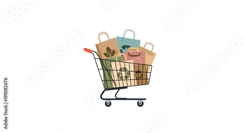 A metal shopping cart filled with multiple brown paper grocery bags featuring recycling symbols on a white background.