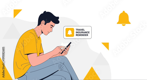 Young Man Uses Smartphone Receiving Travel Insurance Reminder Notification