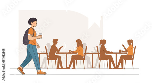 Young Man With Backpack And Coffee Walking Past People At Cafe Tables