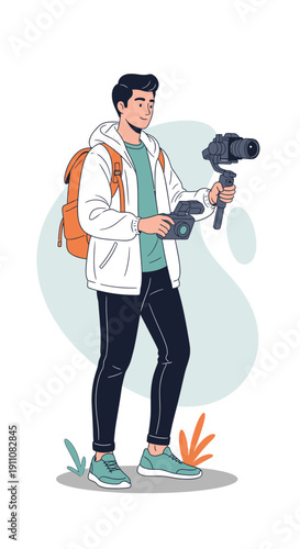 Young Man With Camera And Backpack Exploring Nature And Creating Content