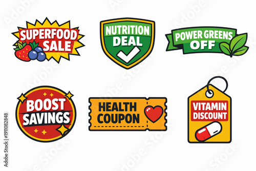Health and nutrition sales, discount deals, and savings coupons bundle
