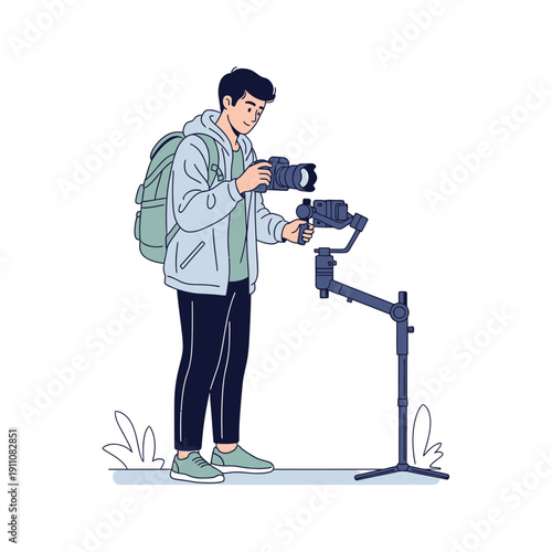 Young Man With Camera And Gimbal Setting Up For Outdoor Filming Adventure