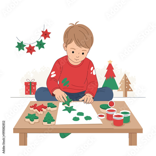 Young Boy Creates Festive Holiday Crafts with Playdough and Cookie Cutters