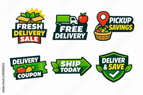 Online grocery delivery and pickup service badges set, saving money concept