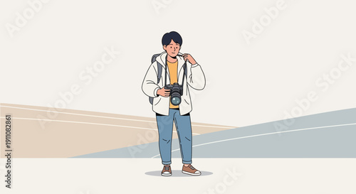 Young Man With Camera Backpack On A Journey Capturing Moments
