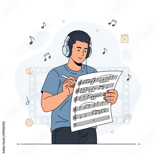 Young Musician Concentrates On Composing Sheet Music While Wearing Headphones