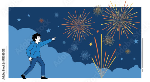 Young Boy Gazing At Fireworks Display In The Night Sky