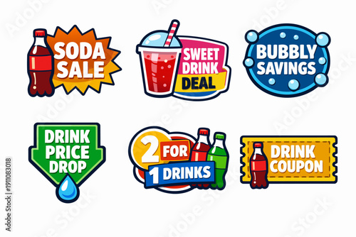 Soft drink sales and discount badges for promotions and price drops