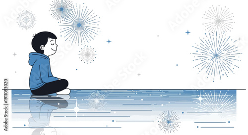 Young Boy Meditating Amidst Starburst Fireworks Reflections On Water Surface