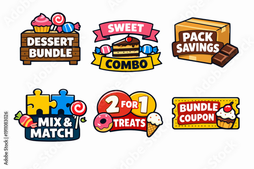 Sweet dessert bundles and pack savings labels, offering discounts and combo deals