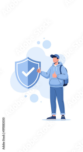 Young Person Assured Security And Protection Concept With Shield Symbol