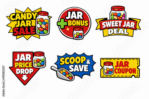 Candy jar sale labels set, sweet shop promotion, discount stickers collection