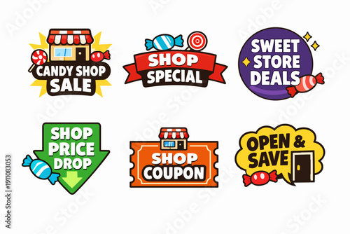 Candy shop and sweet store sale labels offering special deals and price drops