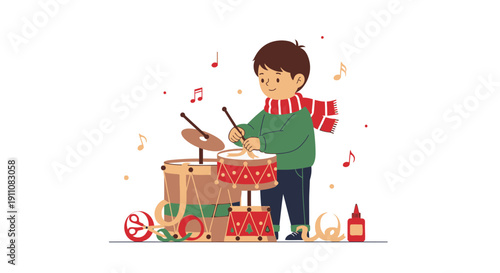 Young Boy Joyfully Plays Drums With Festive Holiday Spirit