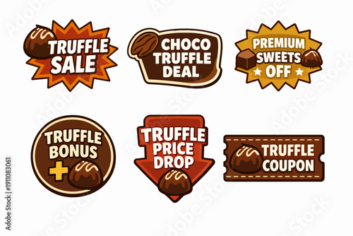 Chocolate truffle promotion labels offering sales, deals, discounts, and coupons