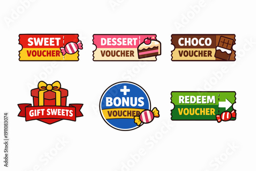 Collection of stylized digital vouchers and gift tokens for sweet items and treat redemption