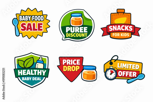 Baby food and snack sale badges set offering discounts and healthy deals