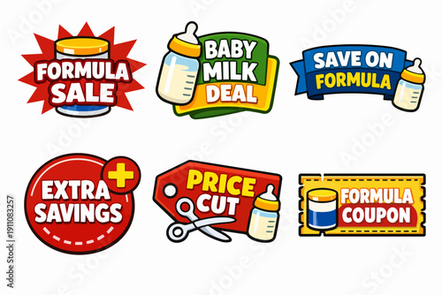 Baby formula savings and discount marketing labels set for infant milk deals