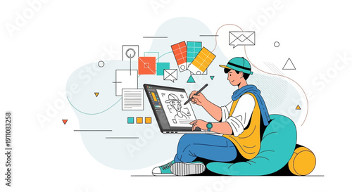 Young Designer Illustrating On A Laptop In Creative Digital Workspace With Graphics