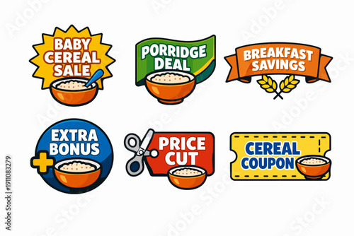 Cereal and porridge marketing labels promoting breakfast food sales and discounts