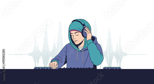 Young Dj Mixing Beats With Headphones And Sound Waves Display