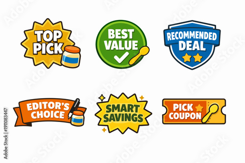 Marketing badges, deal stickers, and promotion labels for retail offers