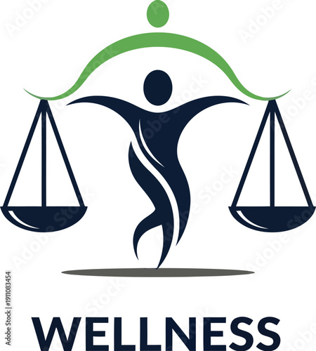 Abstract logo design representing the concept of total wellness achieved through balanced scales held by a stylized human figure suggesting harmony and equilibrium