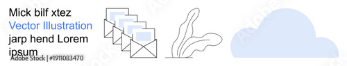 Digital communication, cloud storage, data transfer, online services, information exchange, technology. Graphical of envelopes, abstract shapes and a cloud. Digital communication and cloud storage