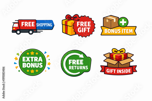 Offer labels with free shipping, gift, returns, and bonus item for online shopping