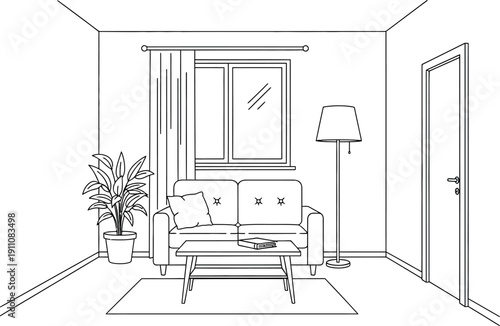 Simple black and white line art drawing illustrating the essential furniture and elements found inside a cozy, small living room interior space awaiting decoration.
