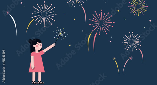 Young Girl Ignites Festive Fireworks Display Under Starry Night Sky