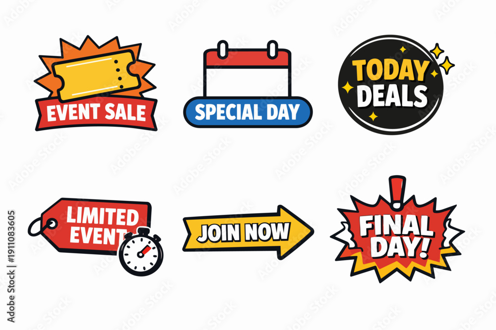 Obraz premium Marketing event sale labels with today deals and special offers for promotions