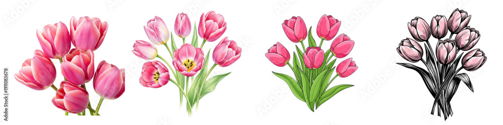 Obraz premium Pink Tulip Bouquets Collection: Realistic, Watercolor, Sketch, Floral Art, Spring Flowers, Gifts, Celebrations, Isolated