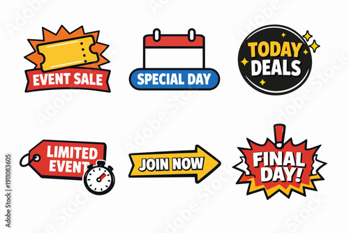 Marketing event sale labels with today deals and special offers for promotions