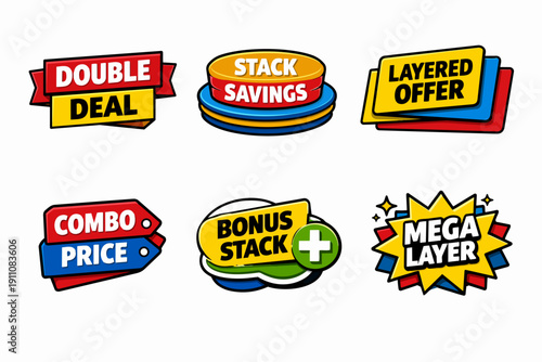 Stacked, layered, and combo concept labels for advertising double deals and bonus savings