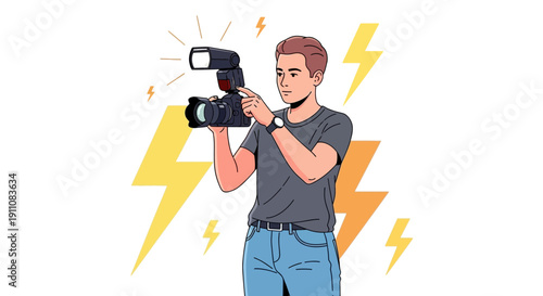 Young Man Captures Moment With Professional Camera And Flash Amidst Bright Lightning Graphics
