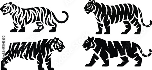 Set of four stylized black and white tiger illustrations in different poses