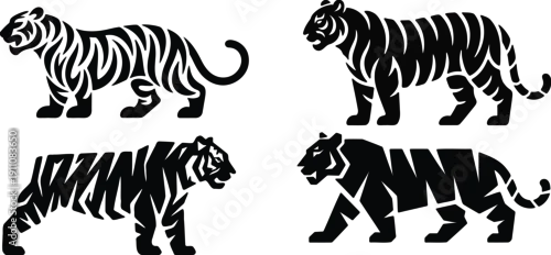 Fototapeta samoprzylepna Set of four stylized black and white tiger illustrations in different poses