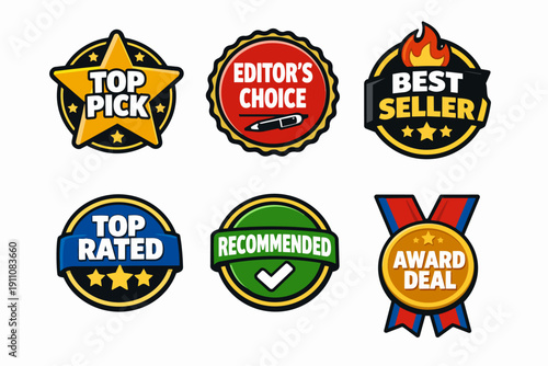 Quality product badge or label choosing, best seller, recommended, top rated symbols