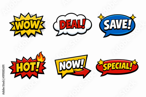 Pop art speech bubbles presenting deal, wow, save, hot, now, and special messages