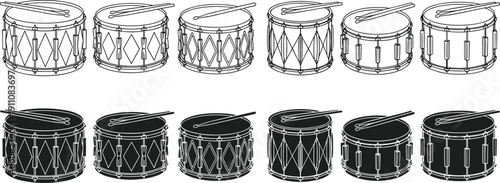 Set of detailed snare drum illustrations with drumsticks, black and white line art and silhouette collection isolated on light background