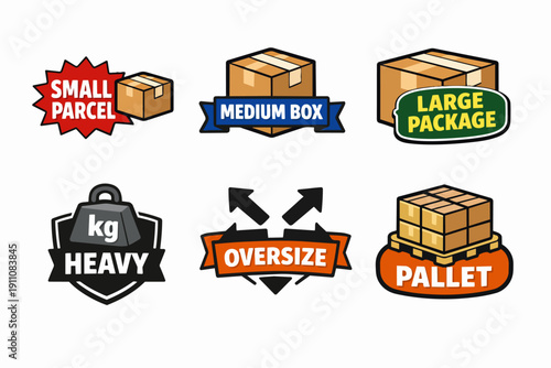 Shipping and logistics labels depicting parcel sizes, weight, and delivery types