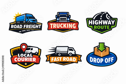 Logistics and trucking service badges, transportation and delivery concept labels