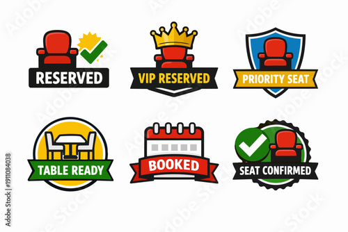 Set of flat design badges and labels for confirming seat, table, or priority reservation