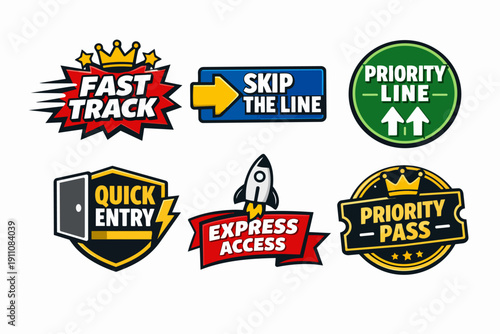 Fast track icons set featuring priority pass, quick entry, and express access badges