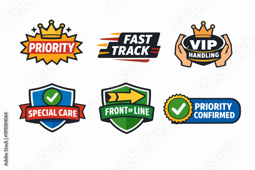 Priority vip fast track labels set offering premium service and exclusive support icons